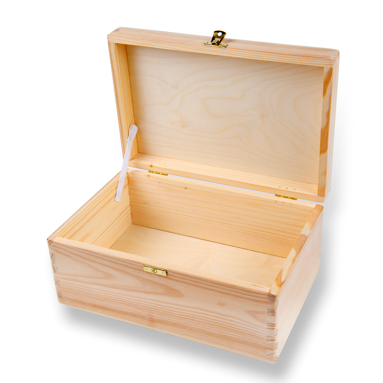 Wooden box with a gold clasp on a white background