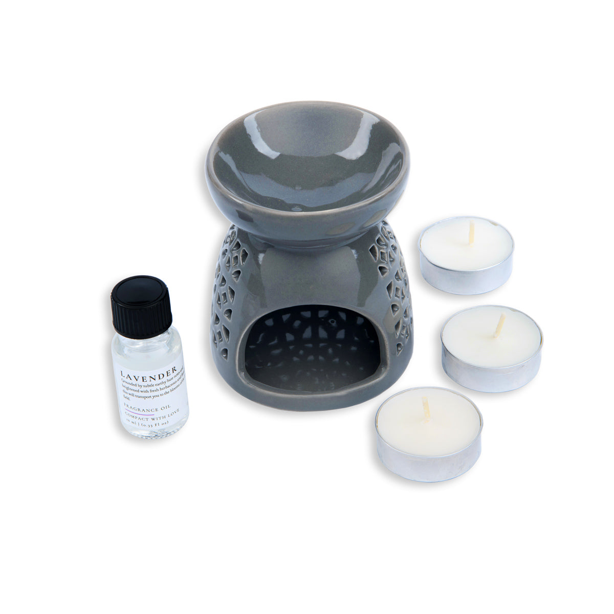 Gray essential oil diffuser with three candles and a bottle of lavender oil on a white background