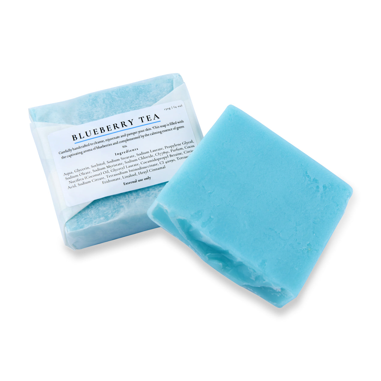 Blue soap bar with a label on a white background
