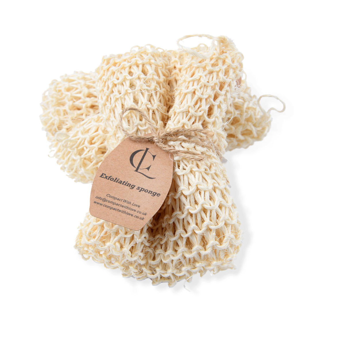 Natural loofah sponge with a brown tag on a white background