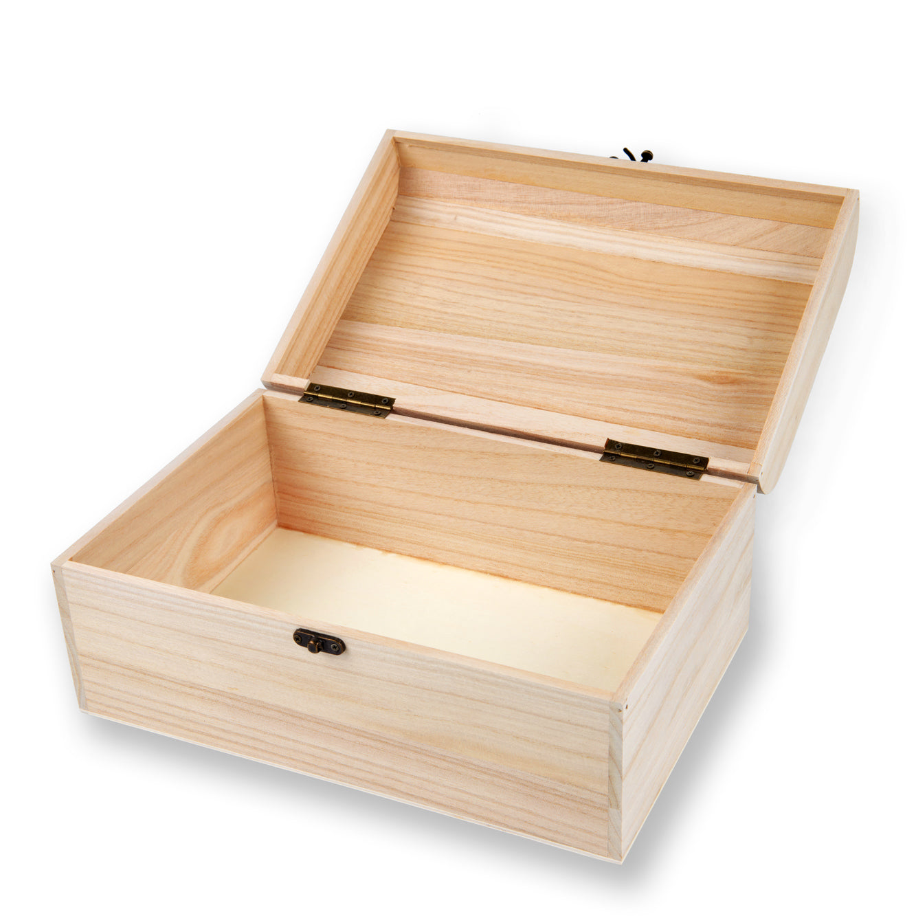 Wooden box with a lid on a white background