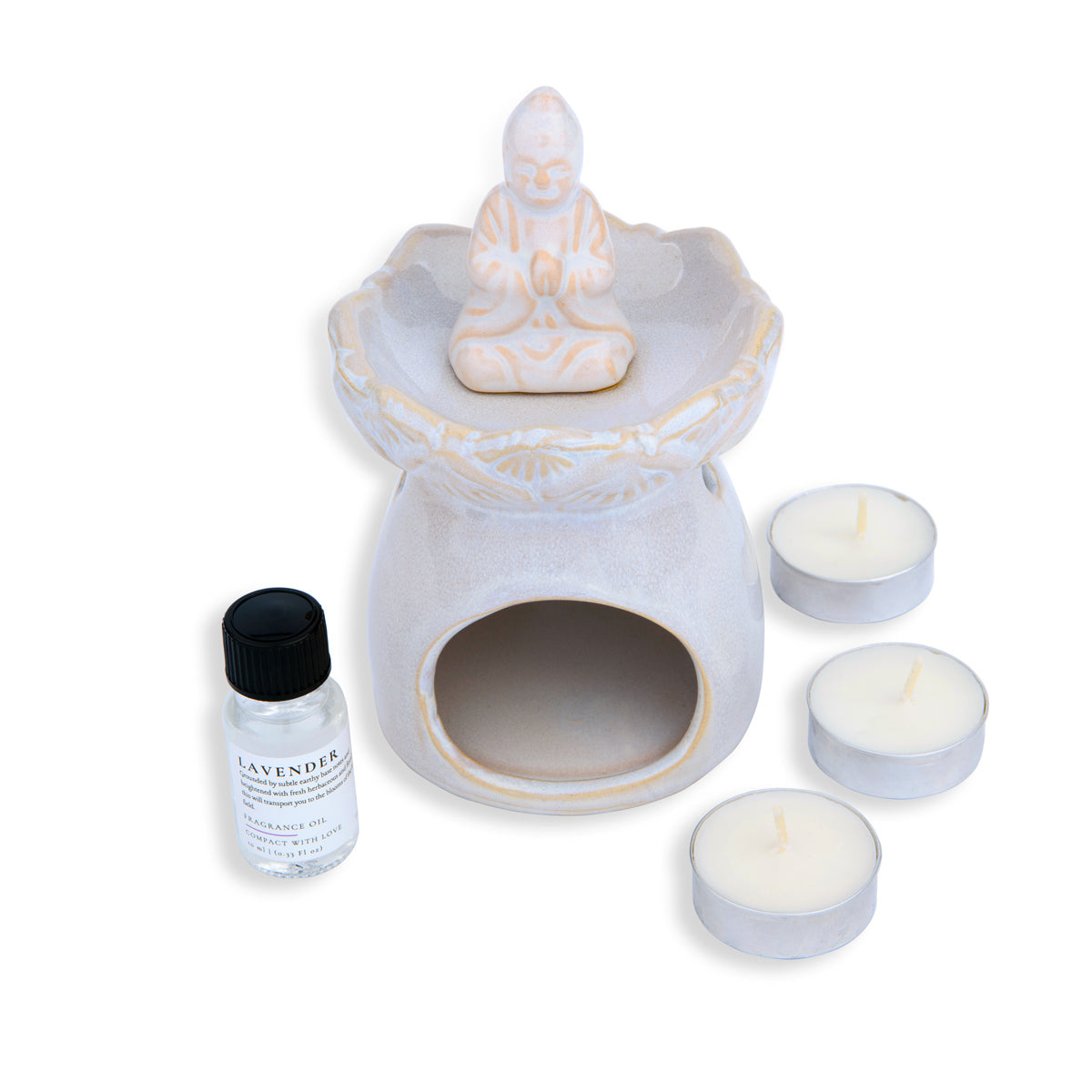 Aromatherapy set with a ceramic diffuser, candles, and a bottle labeled 'Lavender' on a white background.