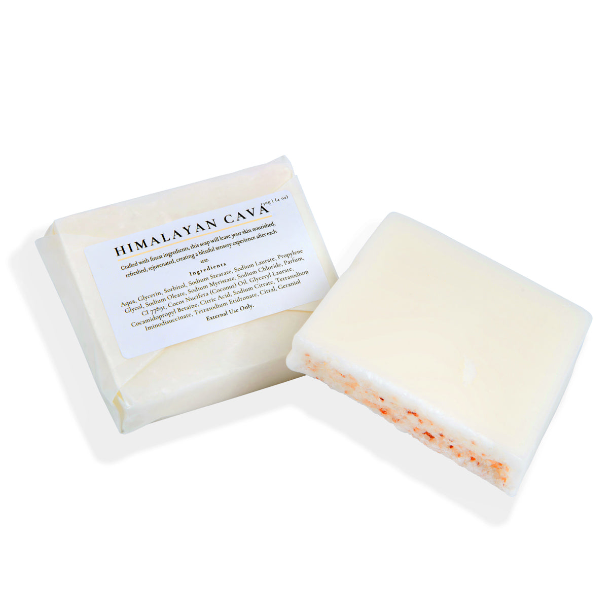 Bar of soap with a visible label on a white background