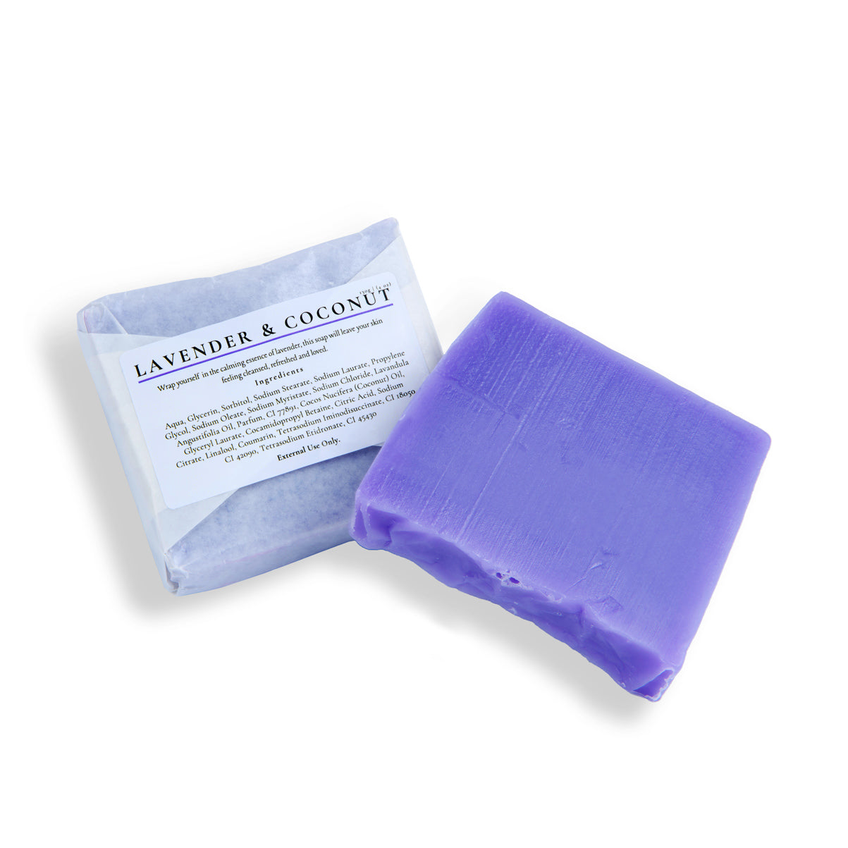 Purple soap bar with a label on a white background