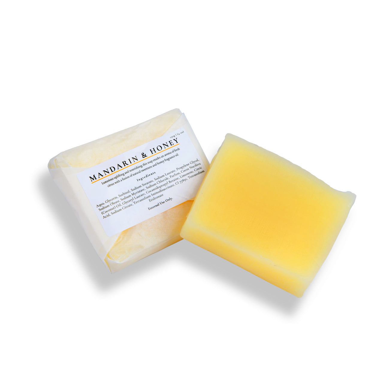 Bar of soap with a label on a white background