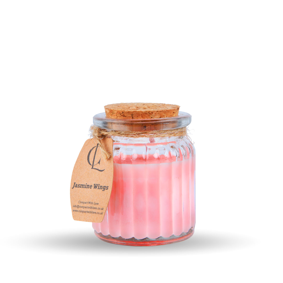 Pink candle in a glass jar with a cork lid on a white background