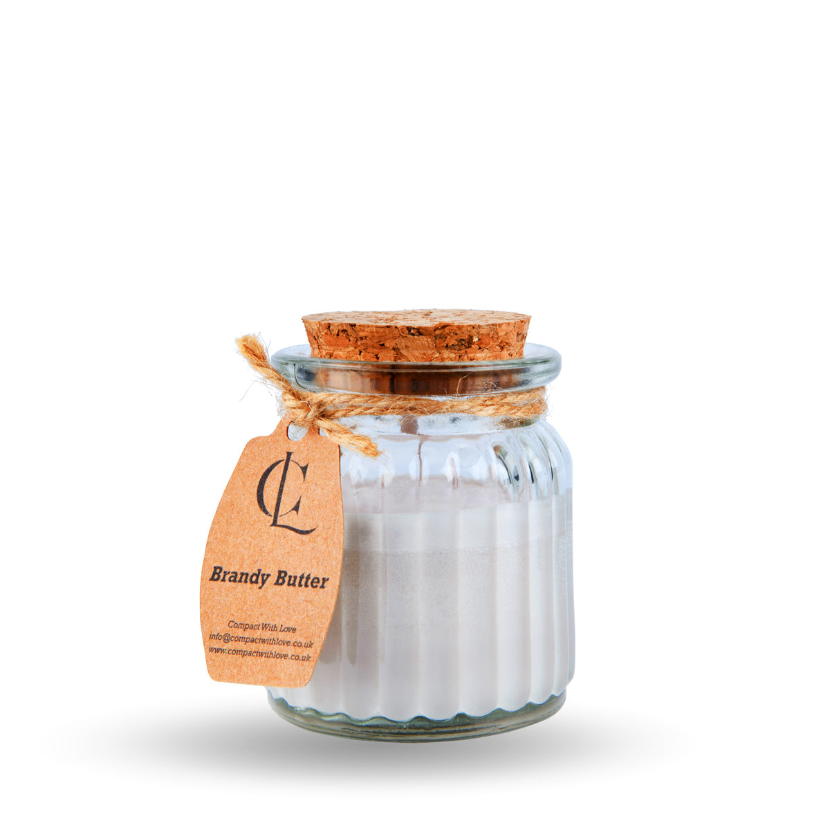 Jar of Brandy Butter with cork lid on a white background