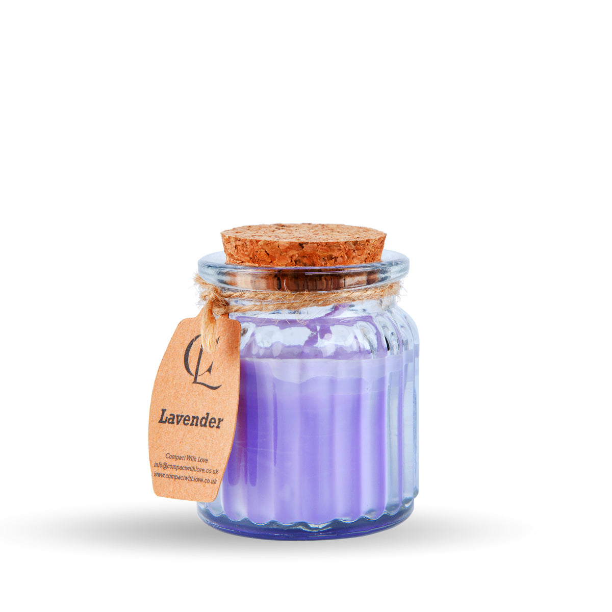 Purple candle in a glass jar with a cork lid on a white background