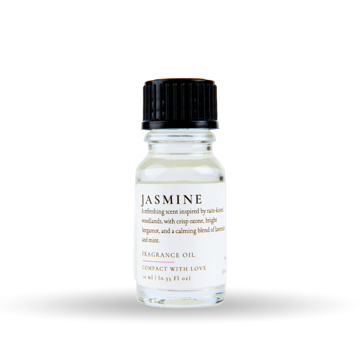 Bottle of Jasmine fragrance oil with a black cap on a white background